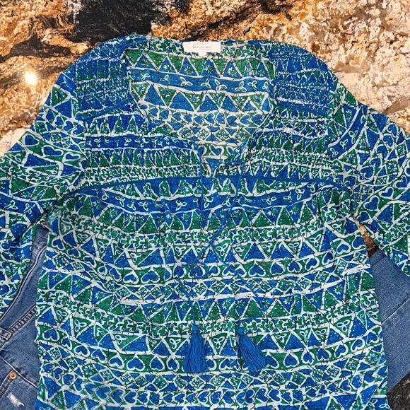 Vince Camuto Turquoise & Green Sheer Batik Tassel Boho Peasant Top - M - Picture 11 of 12